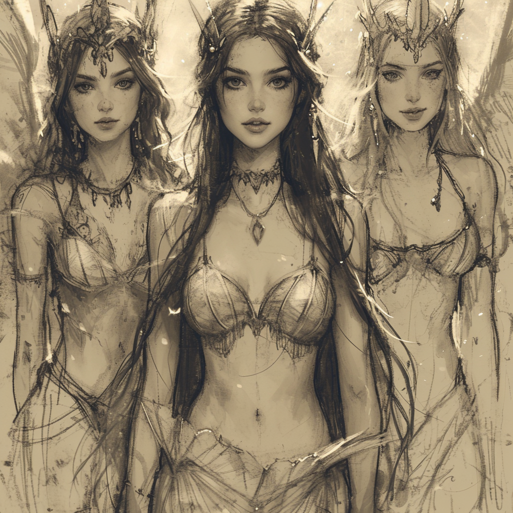 Stunning Dark Fantasy Sketch Mermaids and Harpies Illustrations